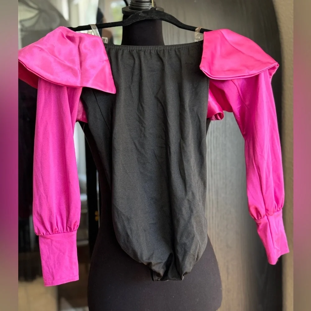 🌺 Kelle Black with Fushia Ruffles Bardot Style Jazz Dance Costume Size Child L